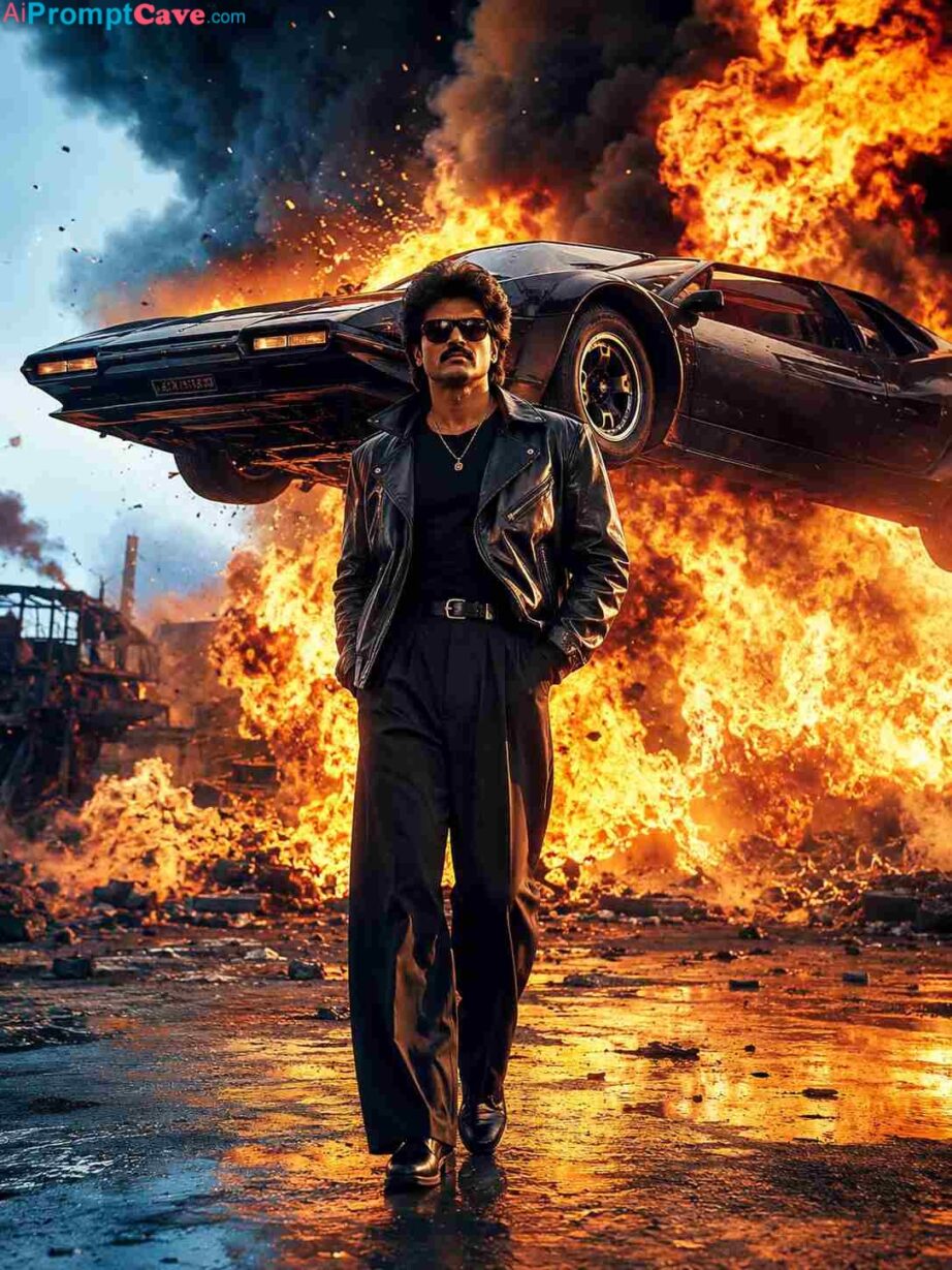 Cinematic 80s Action Explosion Sports Car Scene Prompt - Free Ai Image Prompt