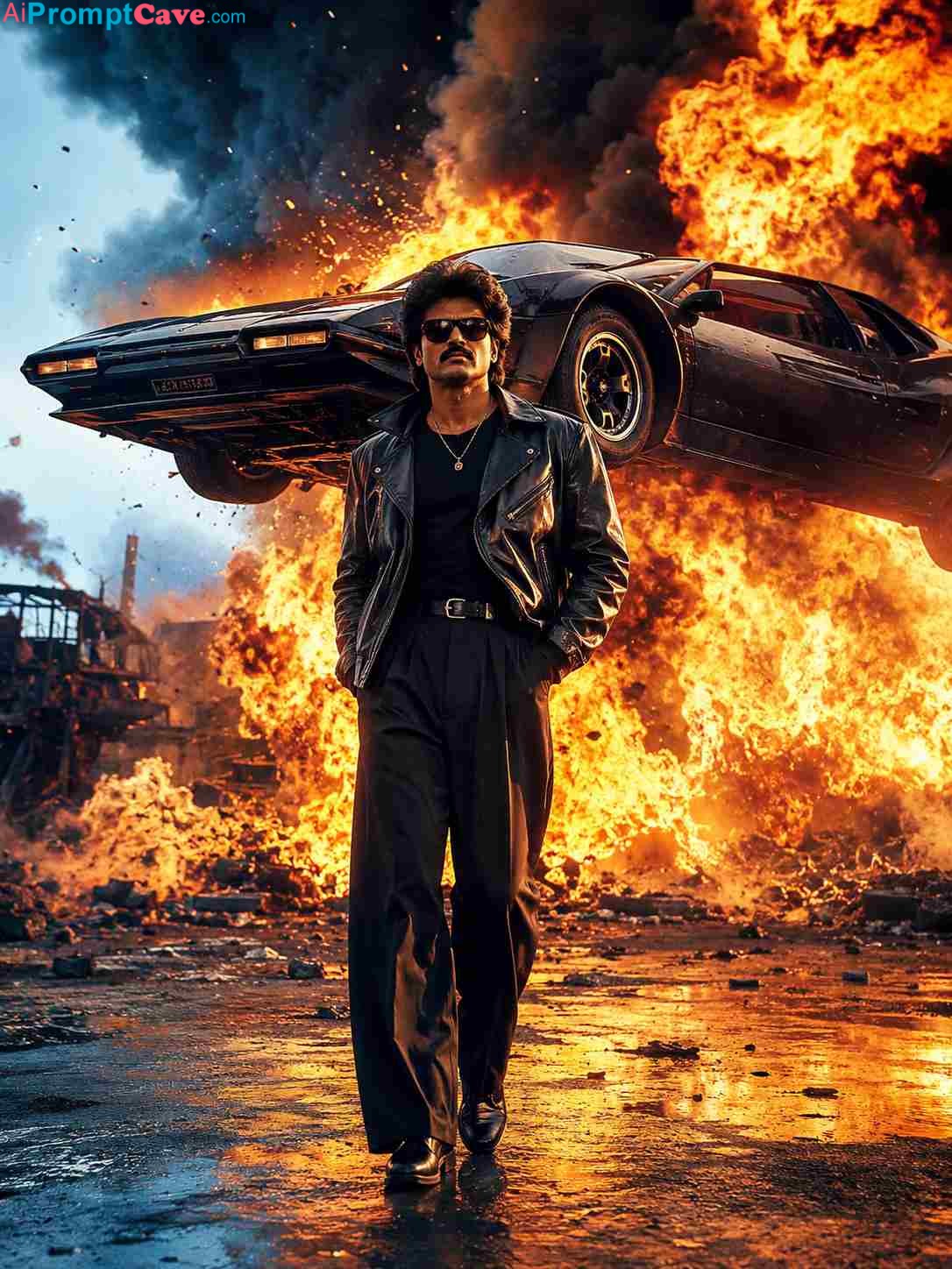 Cinematic 80s Action Explosion Sports Car Scene Prompt - Free Ai Image Prompt