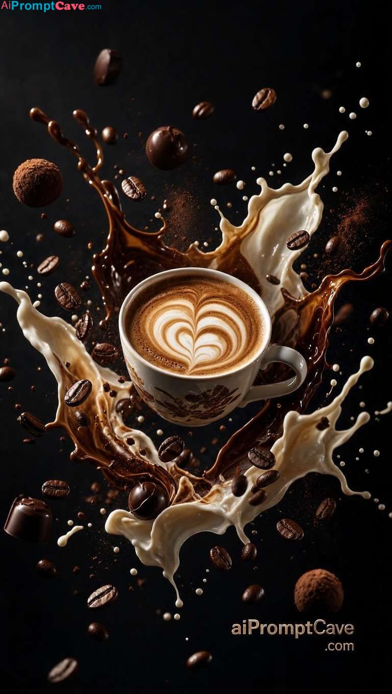 Cinematic Airborne Coffee Explosion Luxury Ad - Free Ai Image Prompt