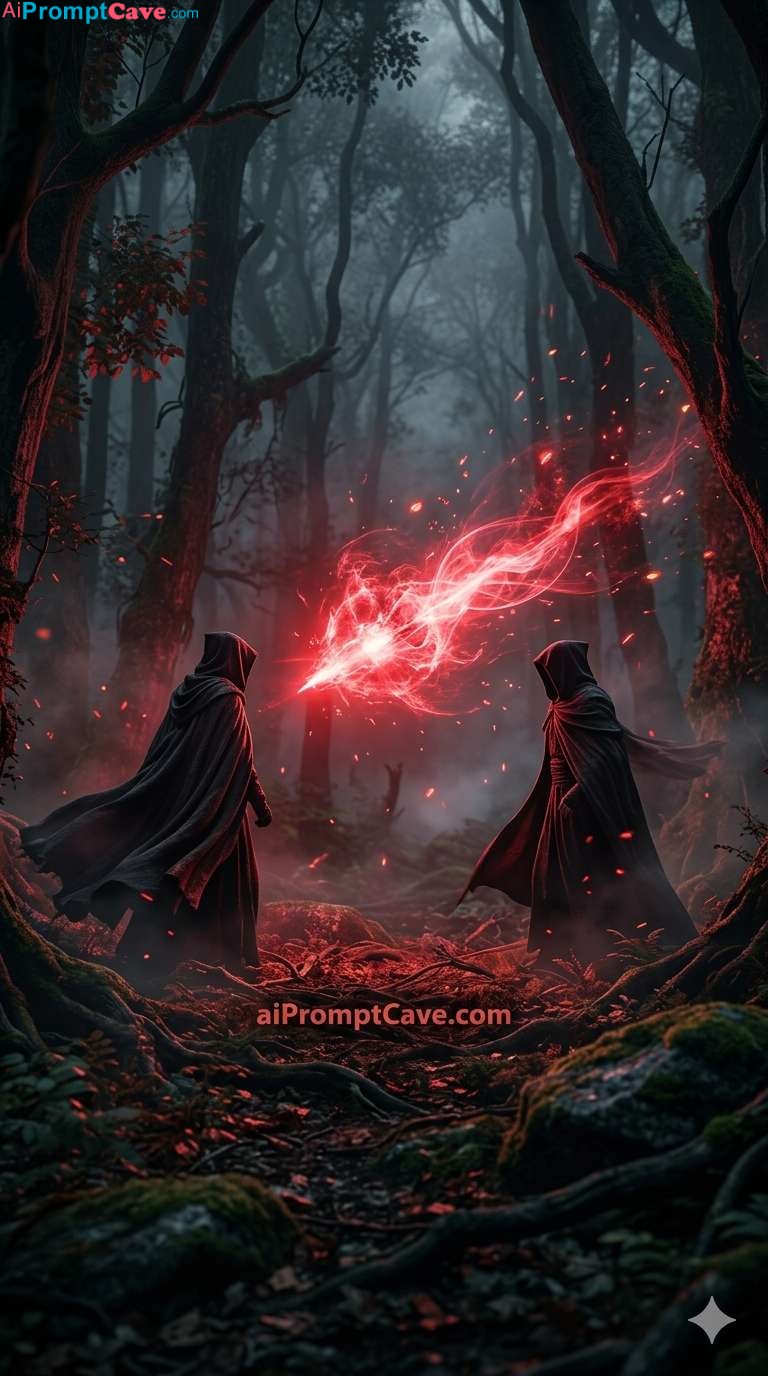 Cinematic Dark Forest Duel Prompt - Free Ai Image Prompt