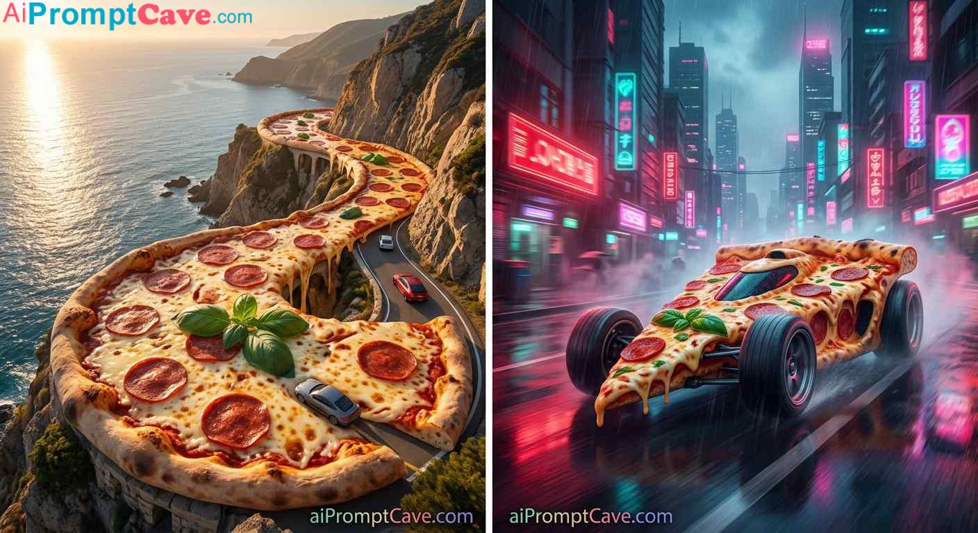Cinematic Pizza Fantasy World Prompt for Surreal Food Landscapes - Free Ai Image Prompt