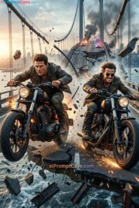 Collapsing Bridge Motorcycle Chase – Cinematic Action Scene - Free Ai Image Prompt