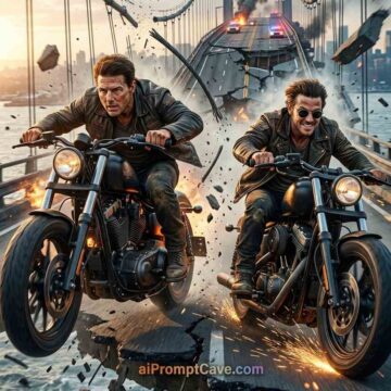 Collapsing Bridge Motorcycle Chase – Cinematic Action Scene - Free Ai Image Prompt