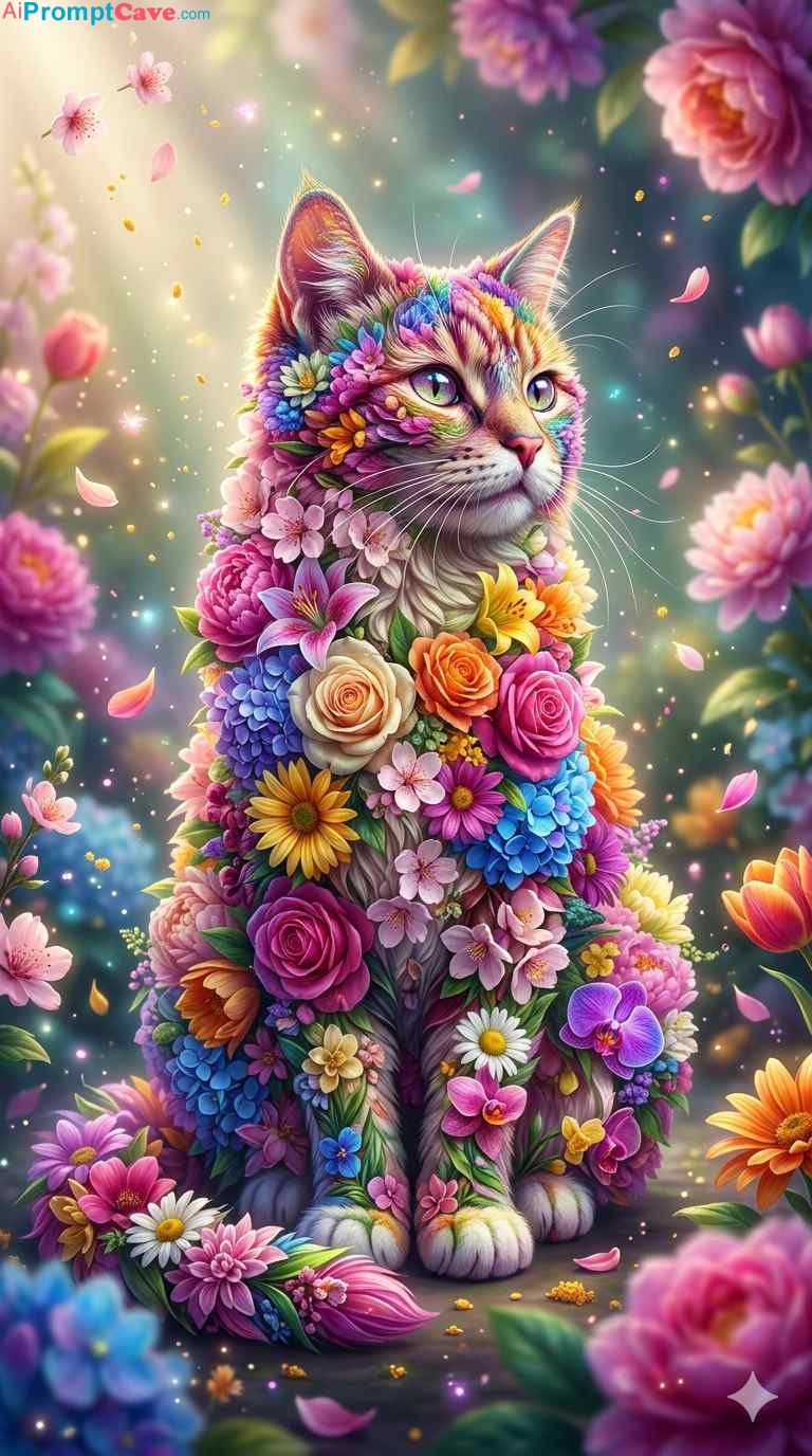 Colorful Cat Made Of Flowers - Free Ai Image Prompt