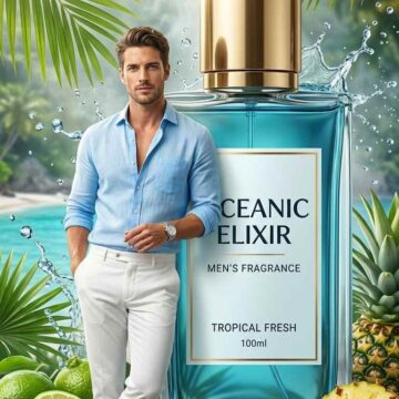 Creative Tropical Product Poster Prompt with Male Model - Free Ai Image Prompt
