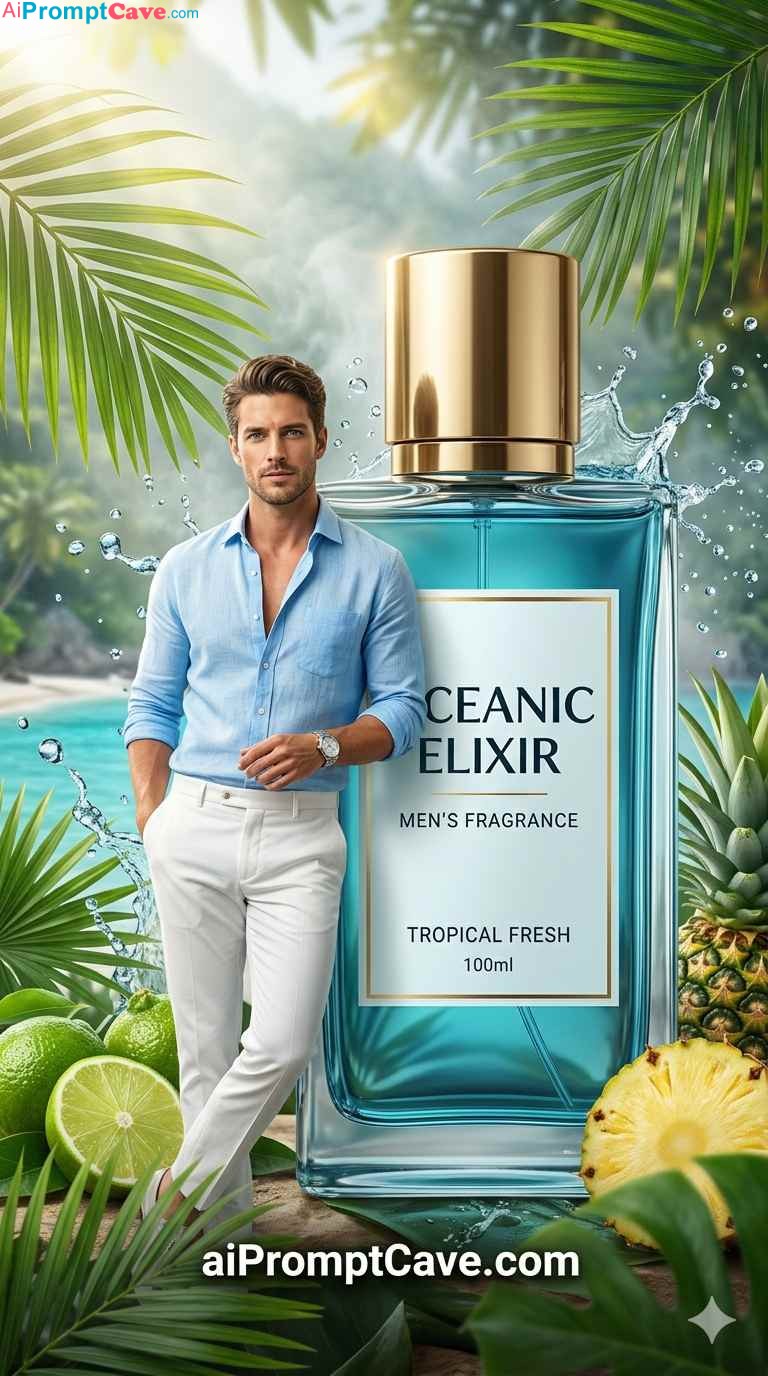 Creative Tropical Product Poster Prompt with Male Model - Free Ai Image Prompt