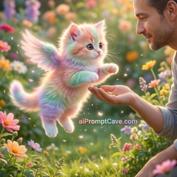 Cute Flying Kitten Garden Scene - Free Ai Image Prompt