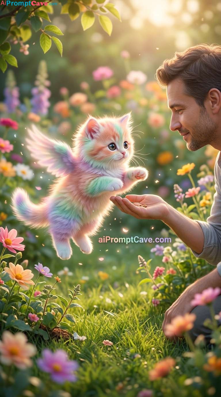 Cute Flying Kitten Garden Scene - Free Ai Image Prompt
