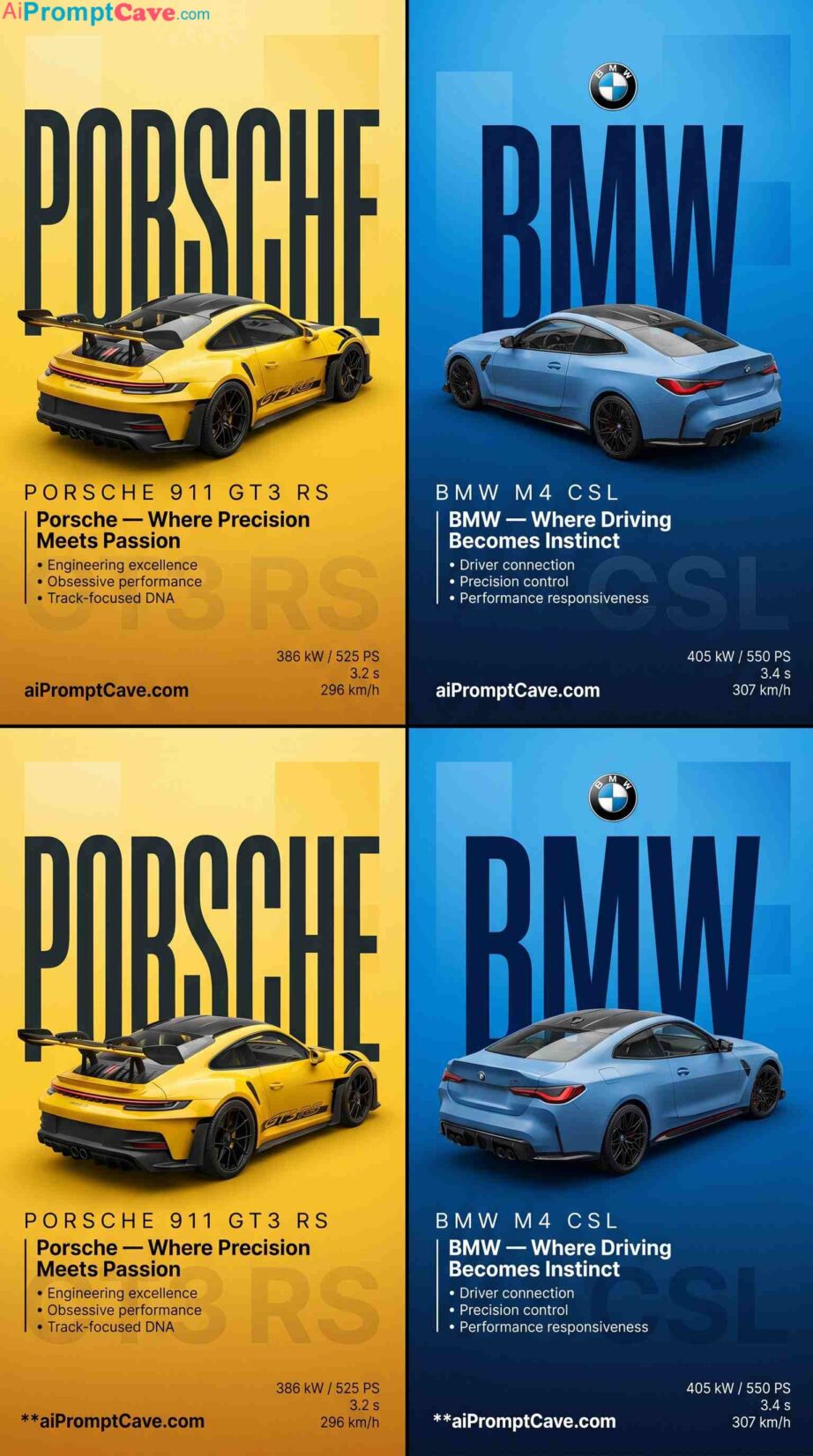 Dual Luxury Car Poster Design Porsche GT3 RS & BMW M4 CSL - Free Ai Image Prompt