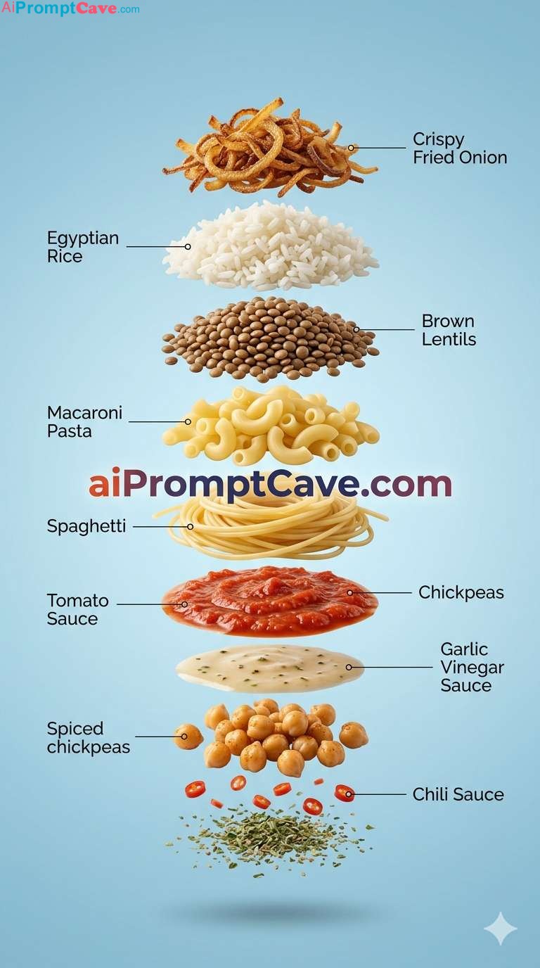 Exploded Egyptian Koshari Infographic Ingredients Prompt - Free Ai Image Prompt