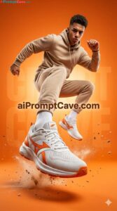 Explosive Sportswear Ad with Jumping Male Model & Sneakers - Free Ai Image Prompt