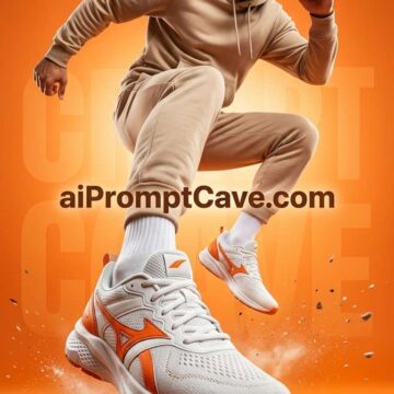 Explosive Sportswear Ad with Jumping Male Model & Sneakers - Free Ai Image Prompt
