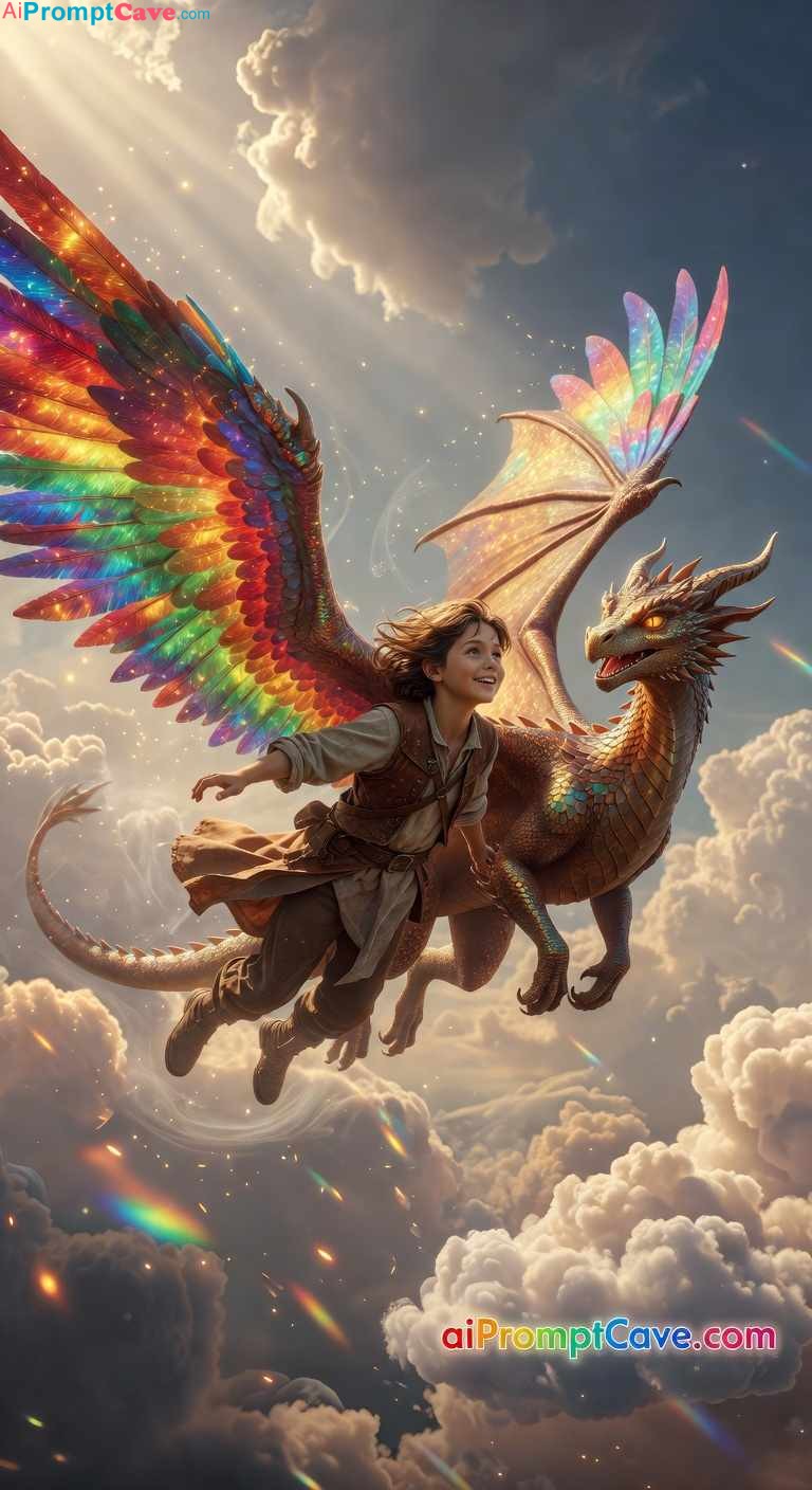 Fantasy Magical Kid Flying with Dragon - Free Ai Image Prompt