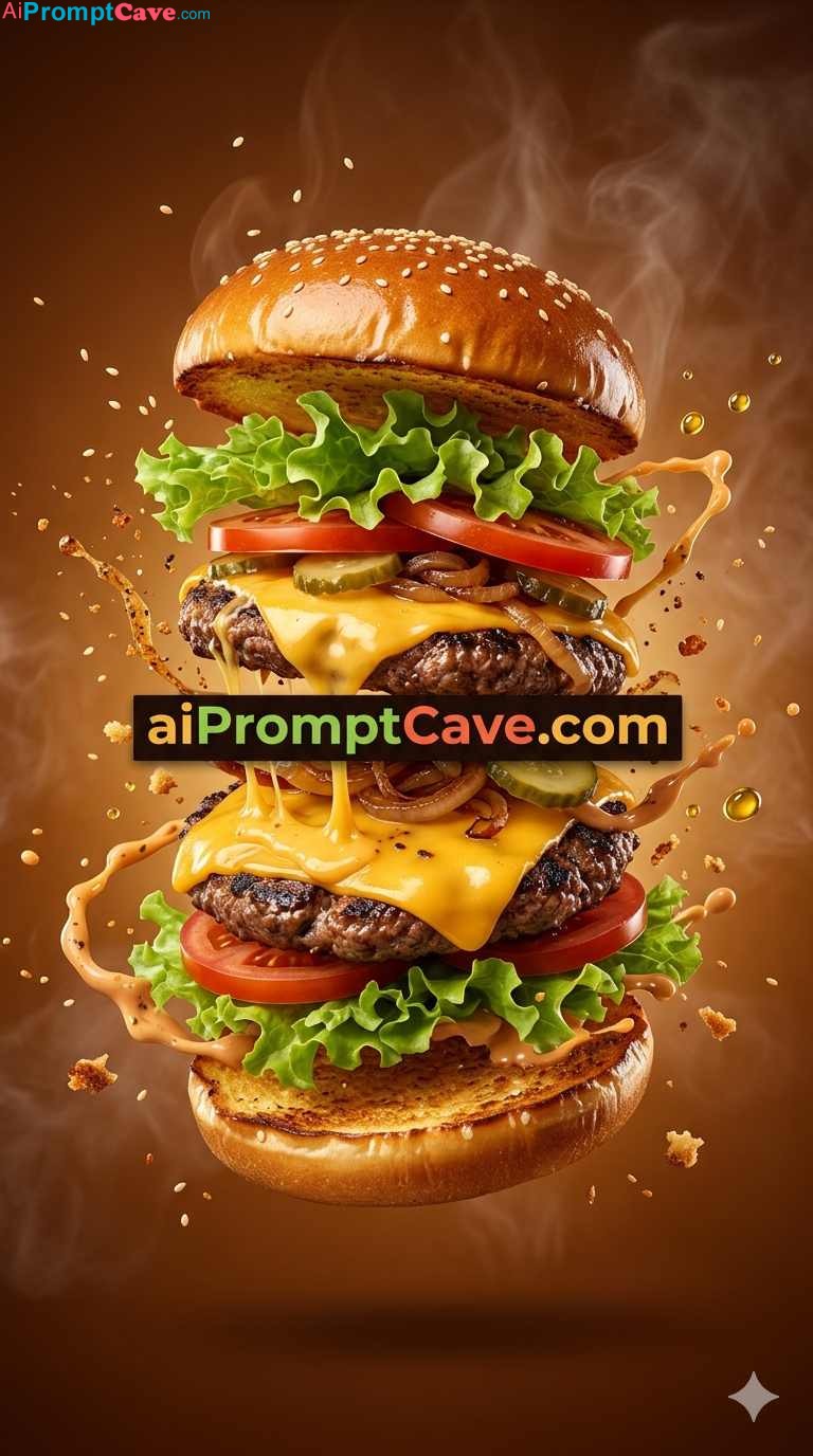 Floating Burger Explosion Product Ad - Free Ai Image Prompt