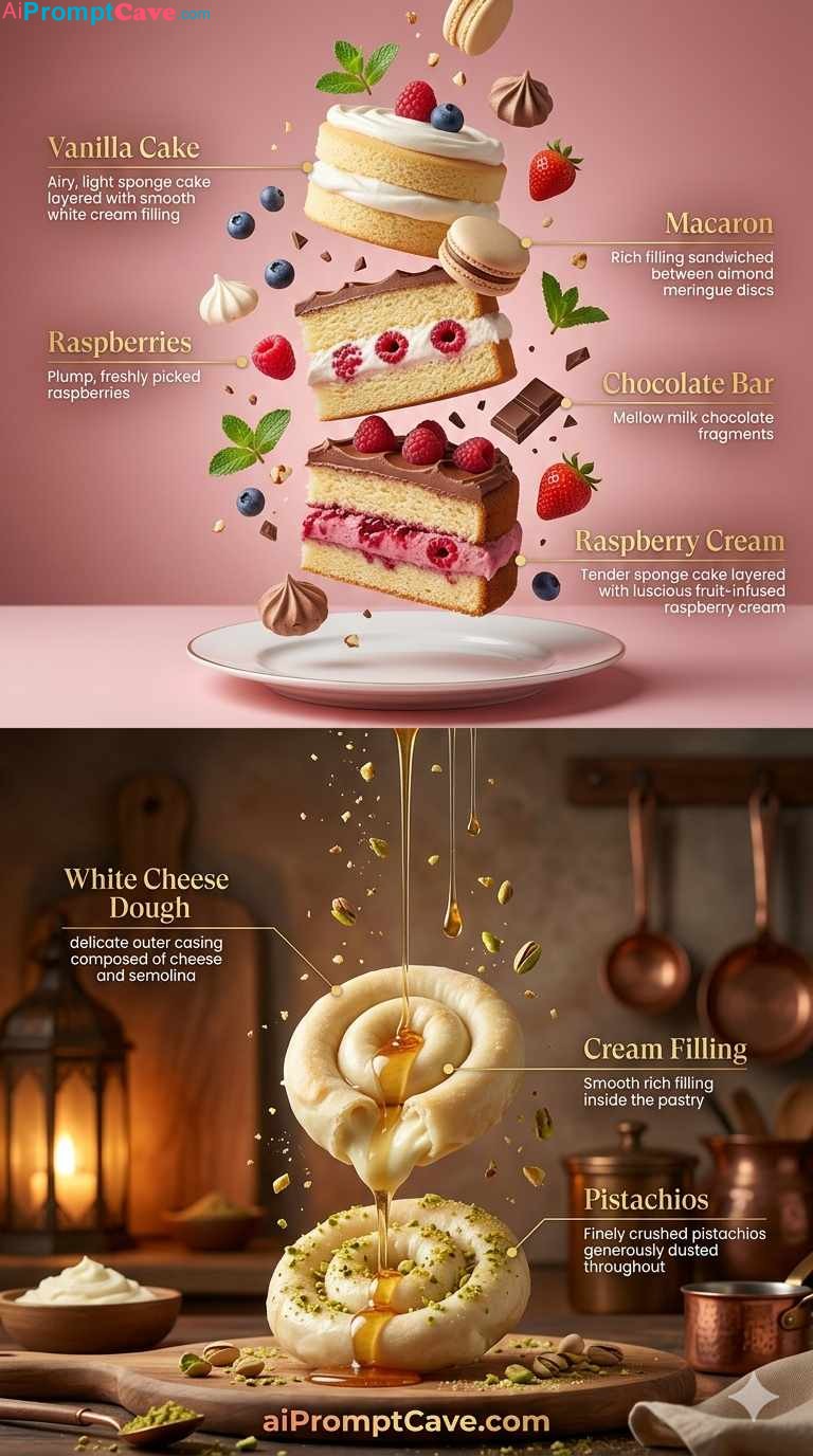 Floating Dessert Food Infographic Prompt - Free Ai Image Prompt