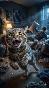 Funny Panic Cat with Sleeping Man - Free Ai Image Prompt Funny Panic Cat with Sleeping Man - Free Ai Image Prompt