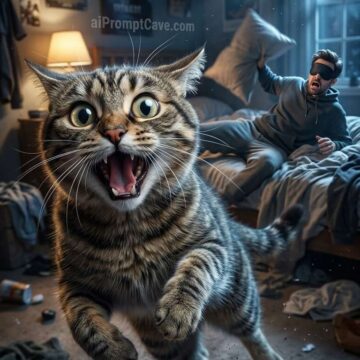 Funny Panic Cat with Sleeping Man - Free Ai Image Prompt