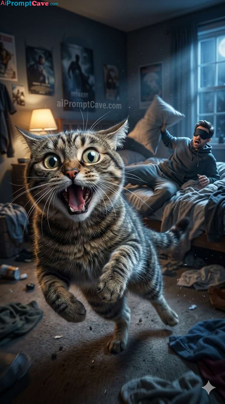 Funny Panic Cat with Sleeping Man - Free Ai Image Prompt