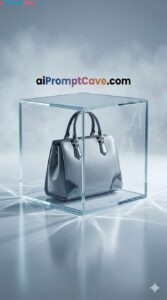 Futuristic Women’s Bag in Glass Cube Ad Photo Shot - Free Ai Image Prompt