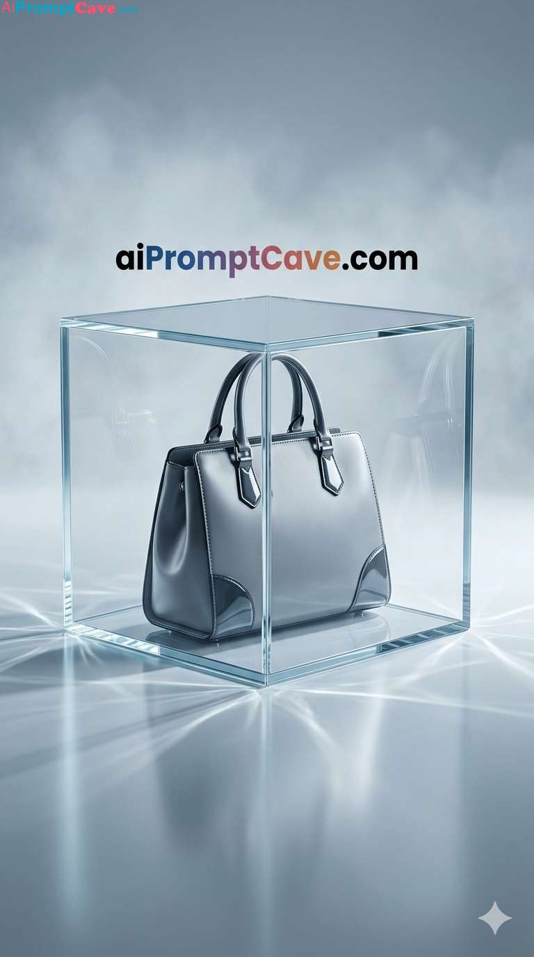Futuristic Women’s Bag in Glass Cube Ad Photo Shot - Free Ai Image Prompt