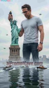Giant Man Beside Statue of Liberty Cinematic Hyper-Realistic Scene - Free Ai Image Prompt