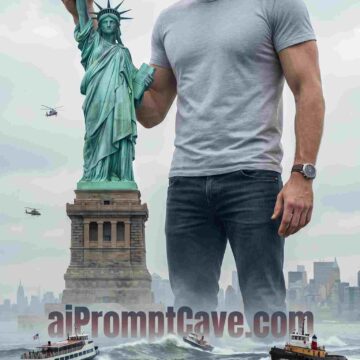 Giant Man Beside Statue of Liberty Cinematic Hyper-Realistic Scene - Free Ai Image Prompt