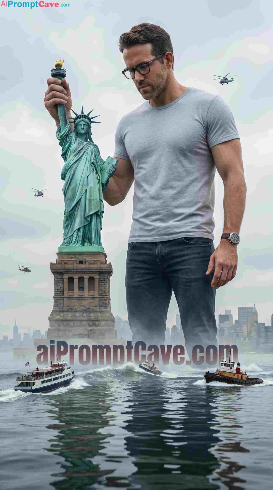 Giant Man Beside Statue of Liberty Cinematic Hyper-Realistic Scene - Free Ai Image Prompt