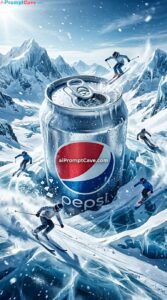Giant Pepsi Can Ice Mountain Ski Scene Fantasy Ad - Free Ai Image Prompt