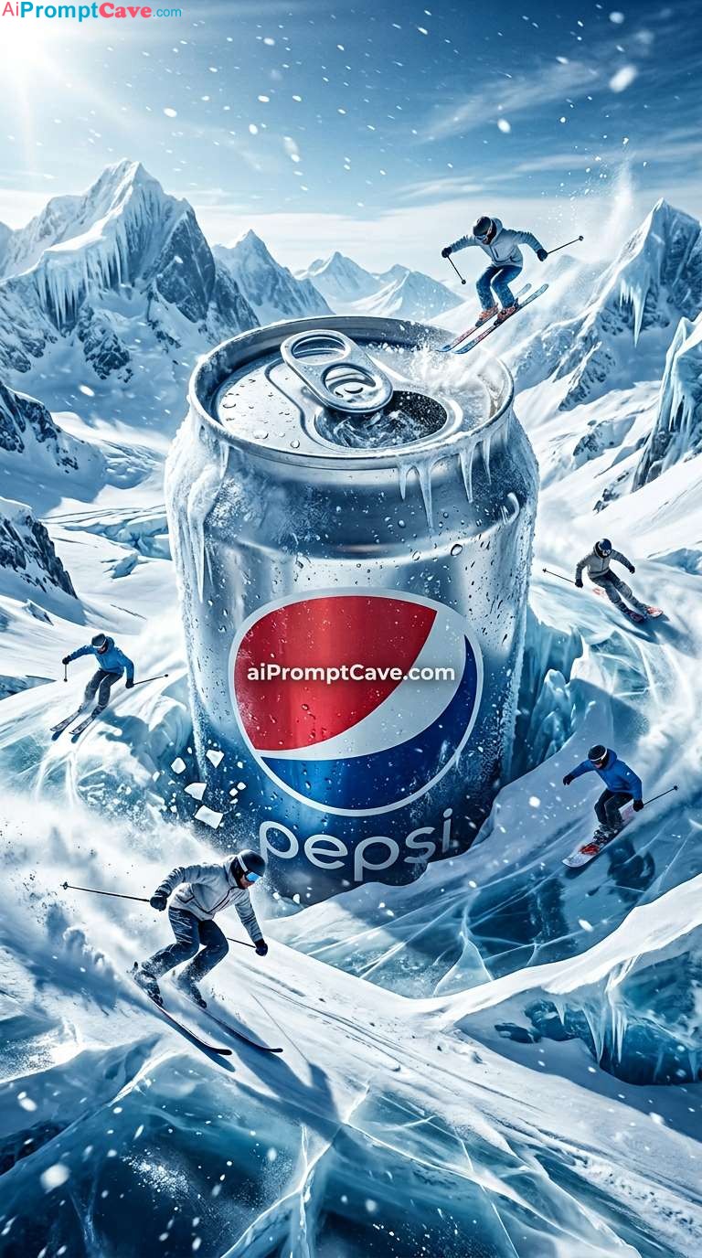 Giant Pepsi Can Ice Mountain Ski Scene Fantasy Ad - Free Ai Image Prompt