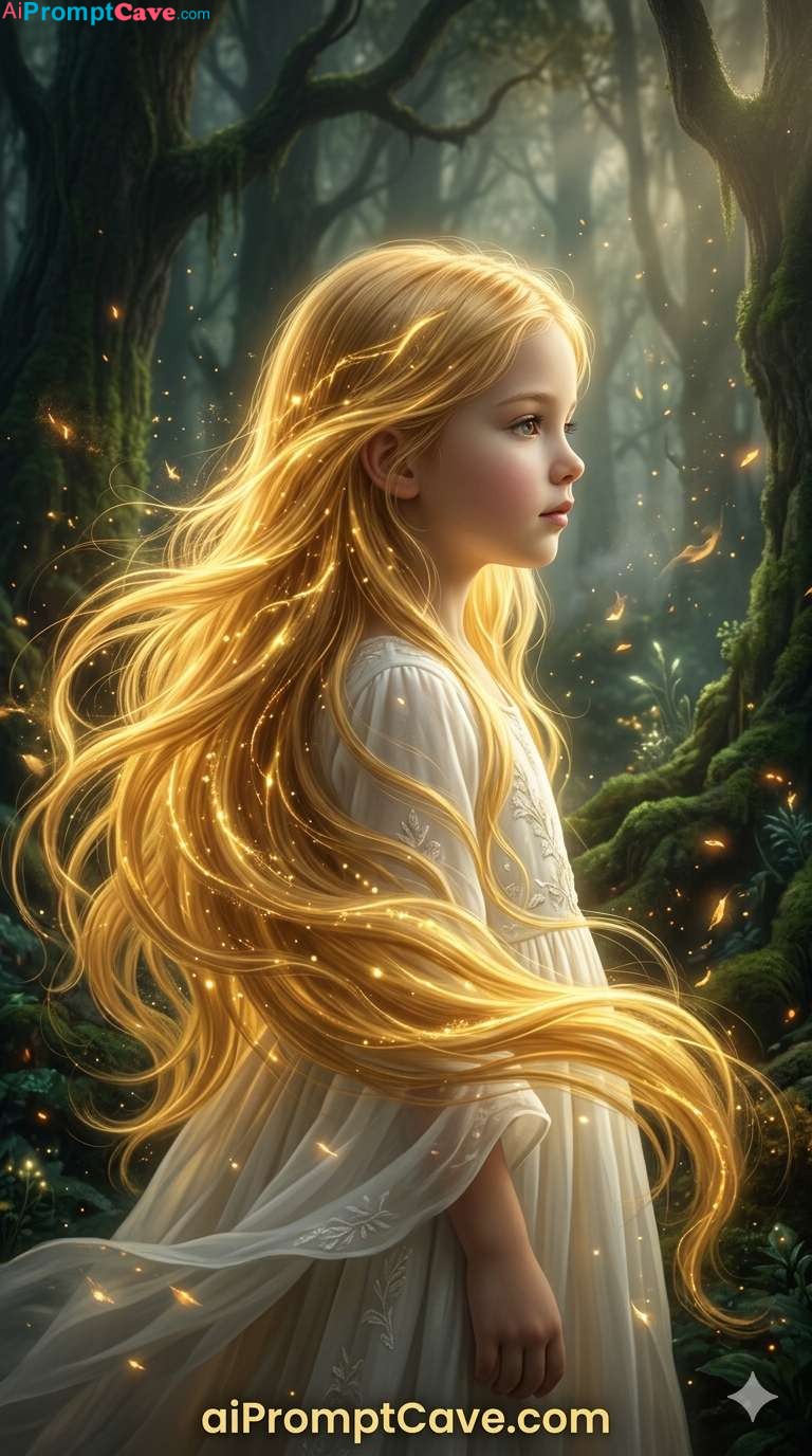 Glowing Golden Light Hair Fantasy Portrait Prompt - Free Ai Image Prompt