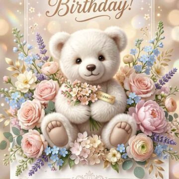 Happy Birthday Teddy Bear Floral Greeting Card Prompt - Free Ai Image Prompt