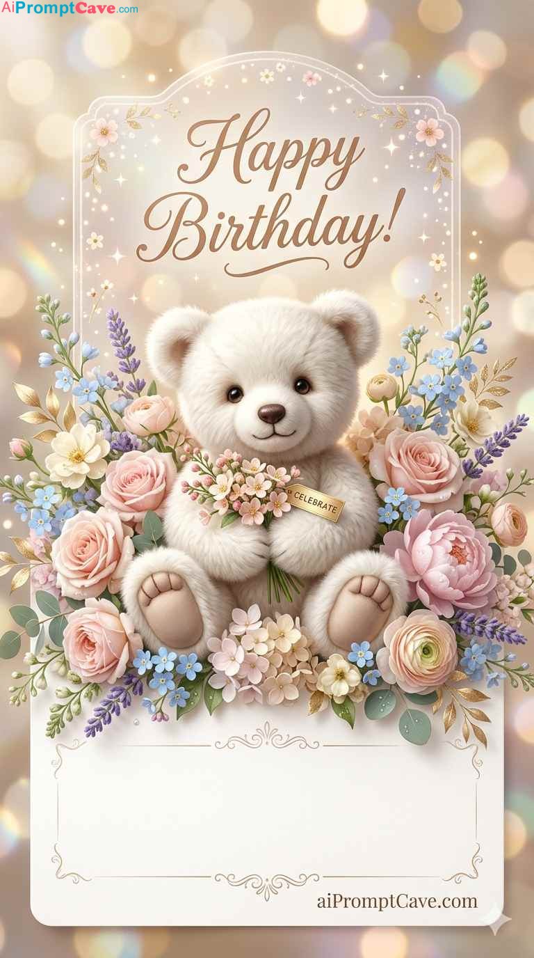 Happy Birthday Teddy Bear Floral Greeting Card Prompt - Free Ai Image Prompt
