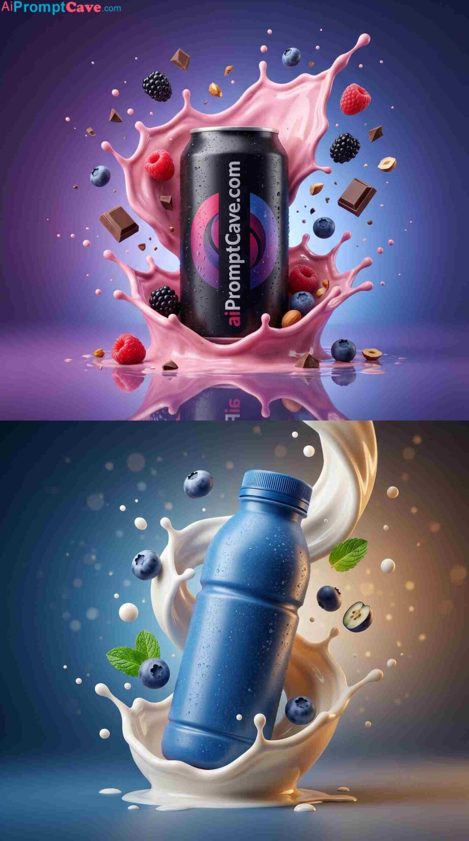 Hyper-Realistic Beverage Splash Product Photography Dual Scene Concept - Free Ai Image Prompt