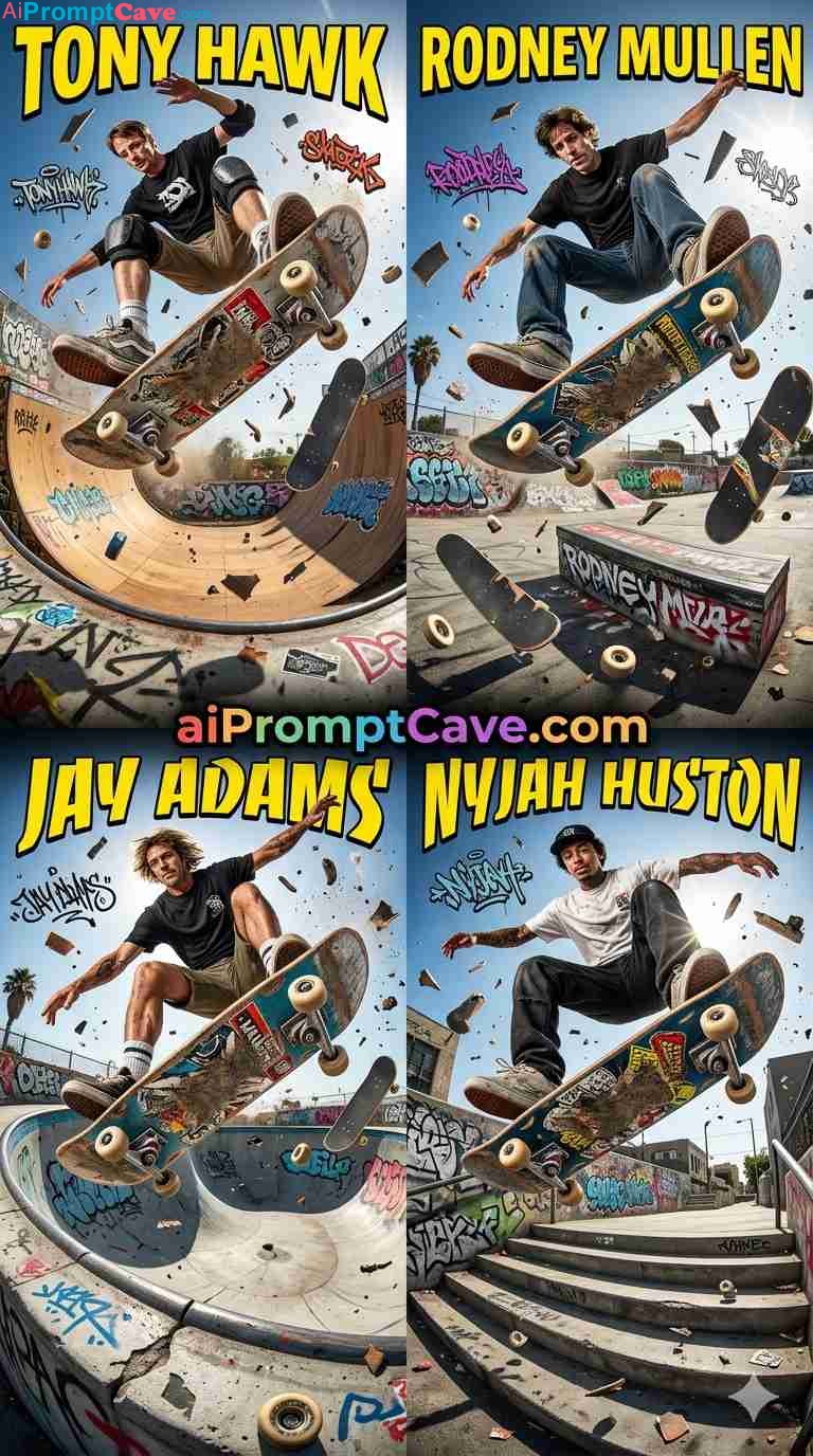 Legendary Skateboarders 2×2 Grid Prompt – Free Ai Image Prompt Legendary Skateboarders 2x2 Grid Prompt - Free Ai Image Prompt