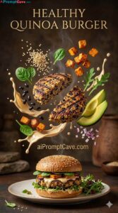Luxury Healthy Quinoa Burger Floating Ingredients Prompt - Free Ai Image Prompt