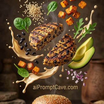 Luxury Healthy Quinoa Burger Floating Ingredients Prompt - Free Ai Image Prompt