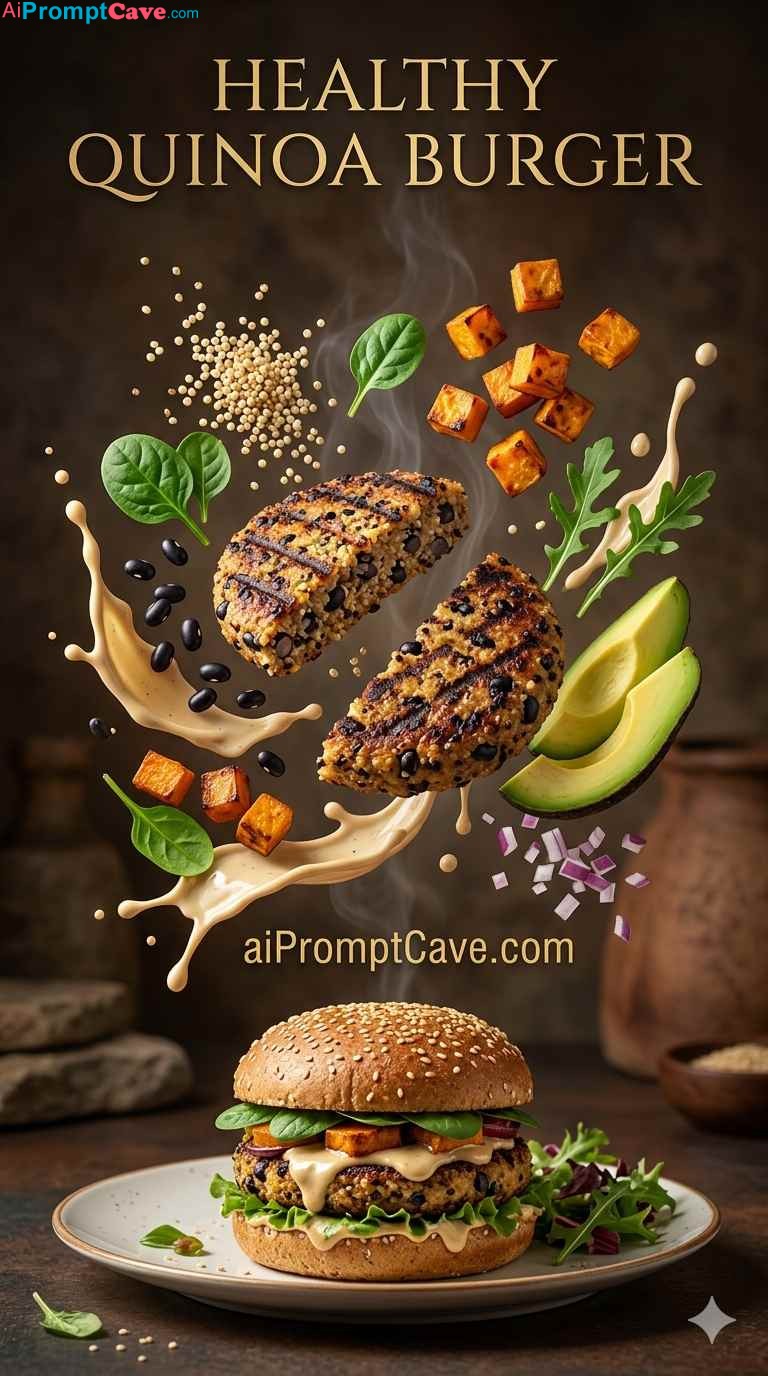 Luxury Healthy Quinoa Burger Floating Ingredients Prompt - Free Ai Image Prompt