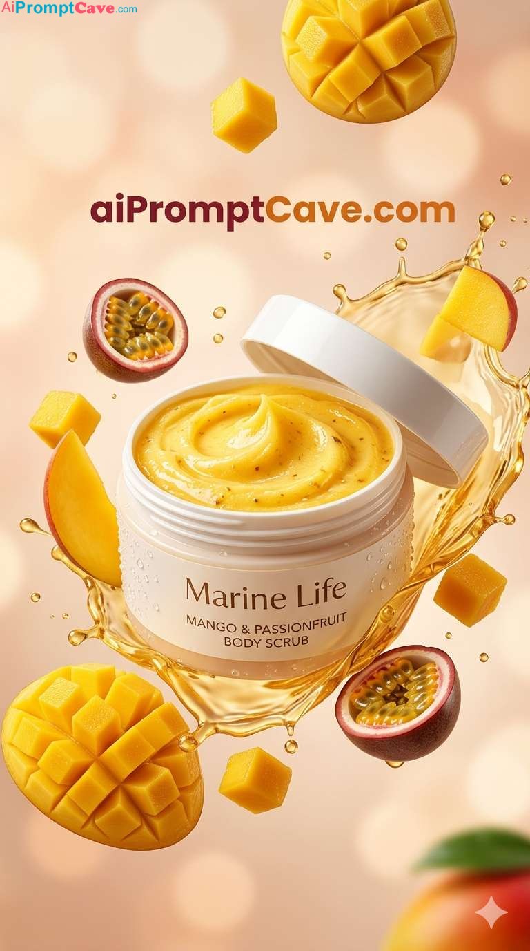 Luxury Marine Life Mango & Passionfruit Body Scrub Commercial Prompt - Free Ai Image Prompt