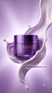 Luxury Purple Cosmetic Jar Splash Prompt for Premium Beauty Ads - Free Ai Image Prompt