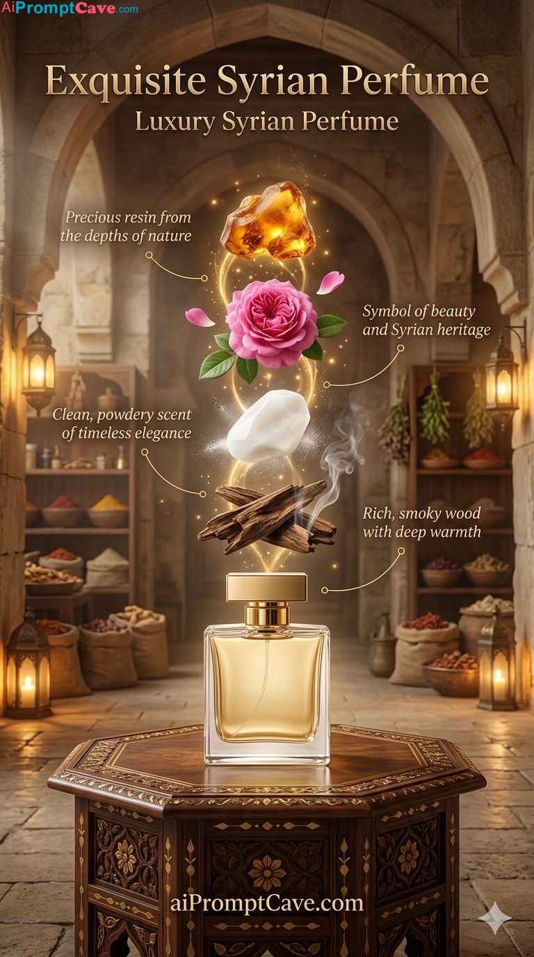 Luxury Syrian Perfume Heritage Advertising – Free Ai Image Prompt Luxury Syrian Perfume Heritage Advertising Prompt - Free Ai Image Prompt