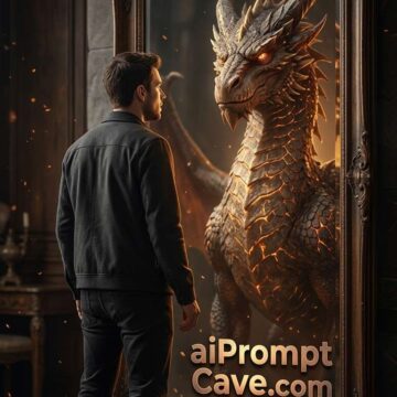 Man Sees Dragon Reflection Cinematic Fantasy Mirror Transformation - Free Ai Image Prompt