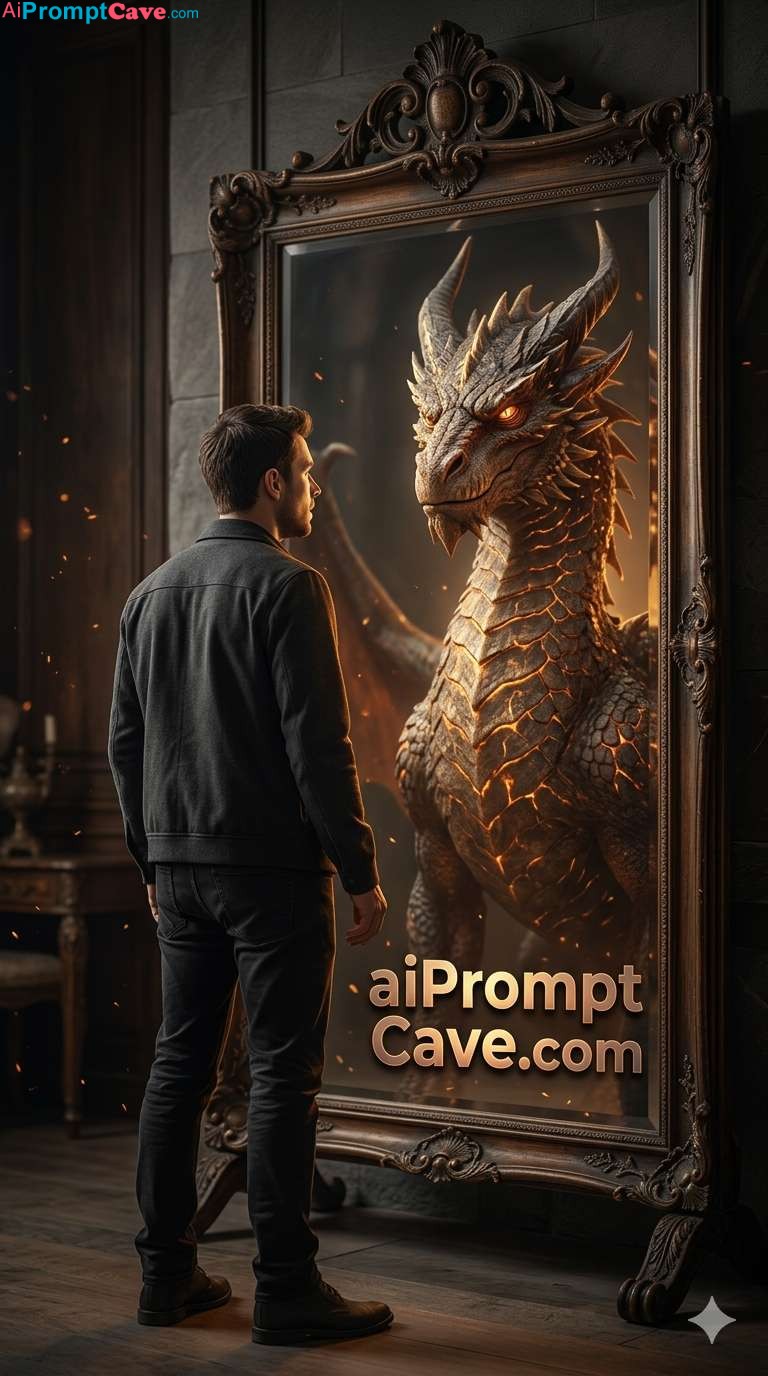 Man Sees Dragon Reflection Cinematic Fantasy Mirror Transformation - Free Ai Image Prompt