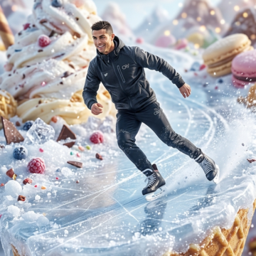 Mini Cristiano Ronaldo Ice Skating on Ice Cream Prompt - Free Ai Image Prompt