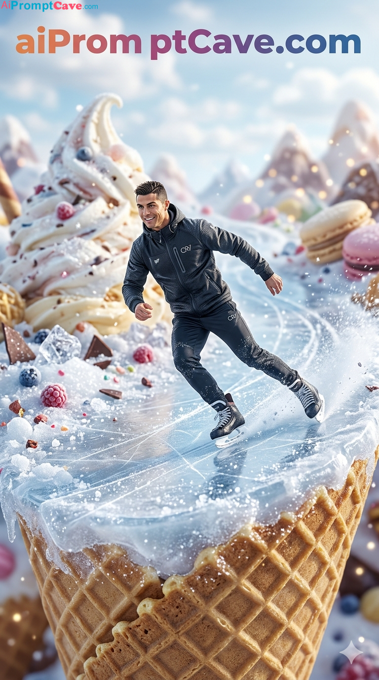 Mini Cristiano Ronaldo Ice Skating on Ice Cream Prompt - Free Ai Image Prompt