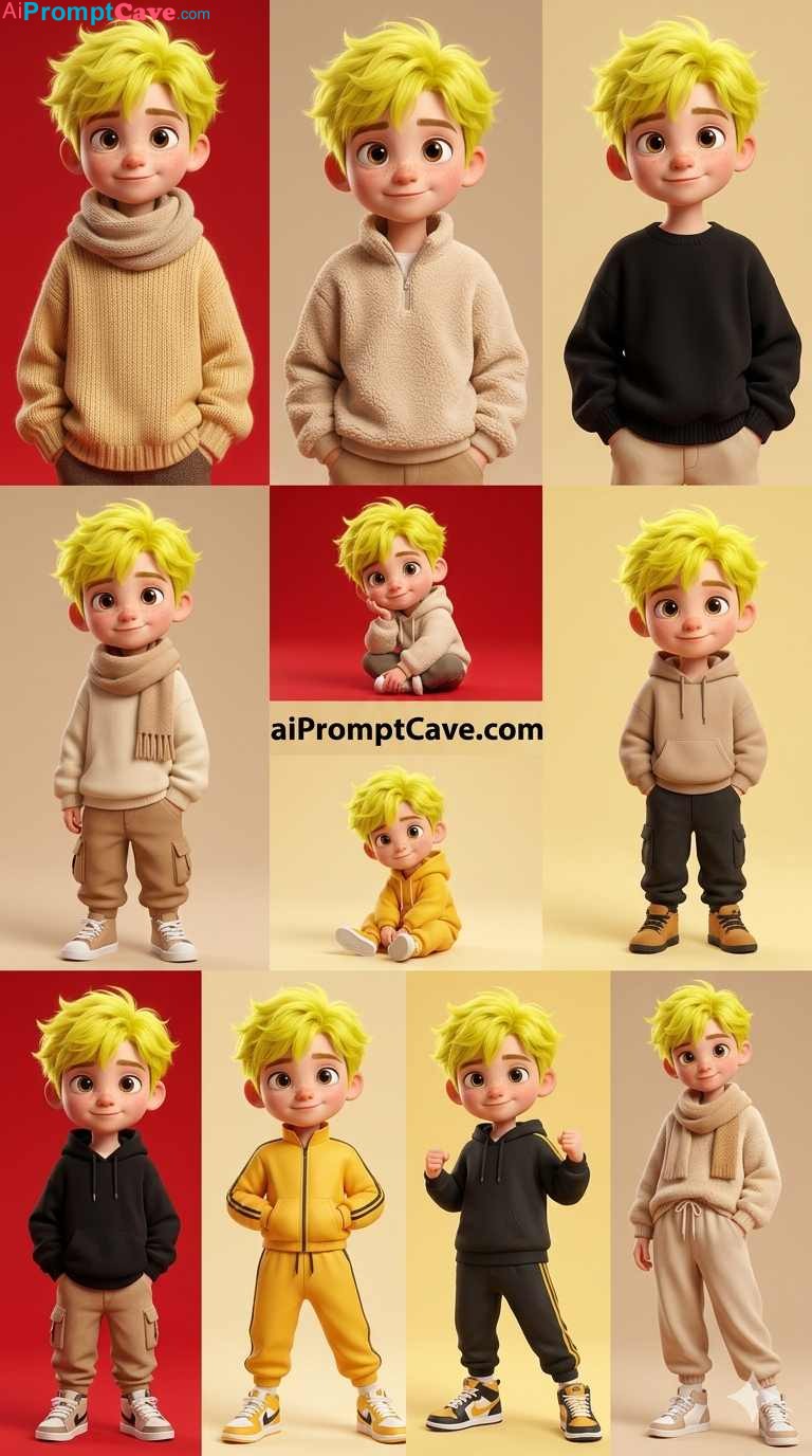 Pixar-Inspired 3D Boy Fashion Collage - Free Ai Image Prompt