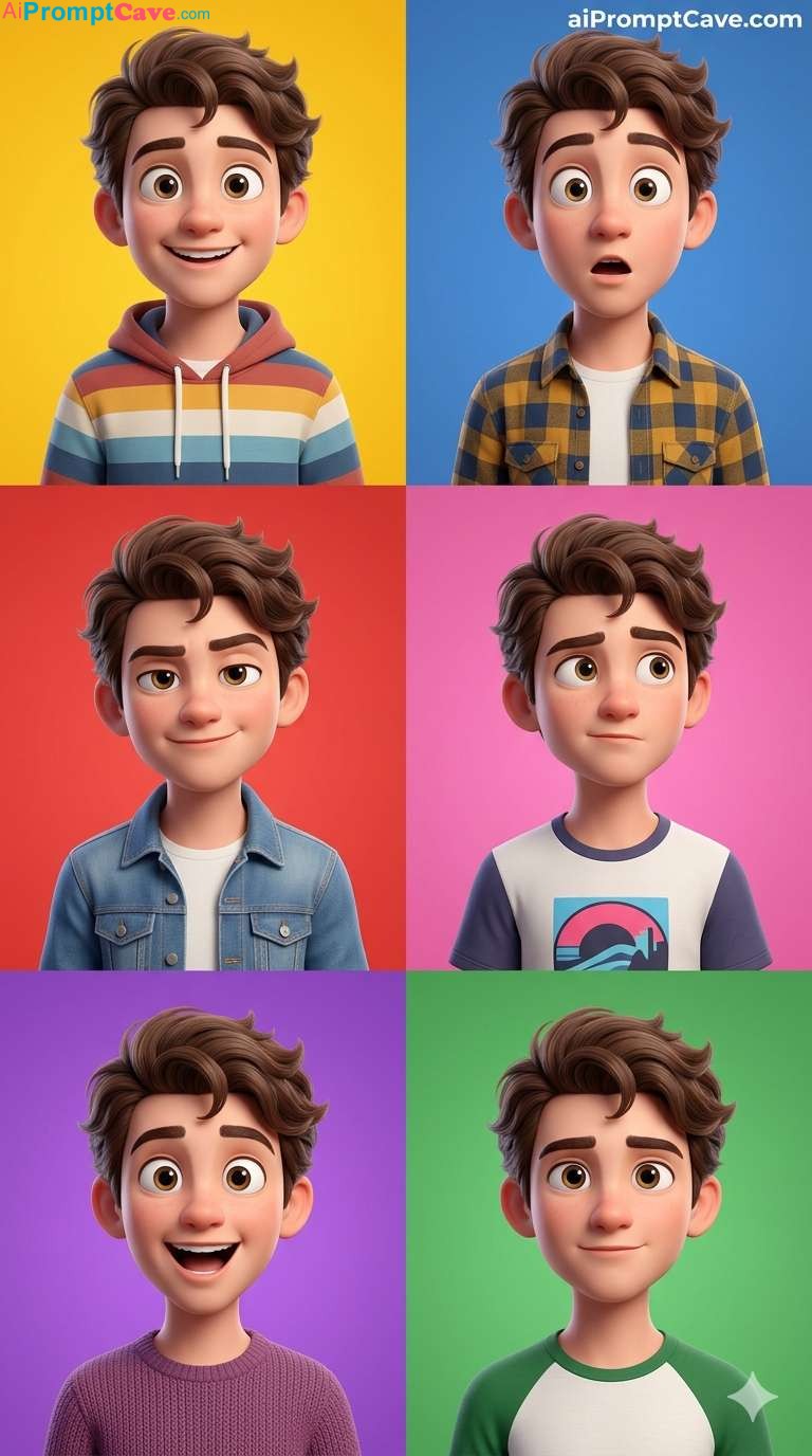 Pixar-Style Character Grid with Expressions - Free Ai Image Prompt