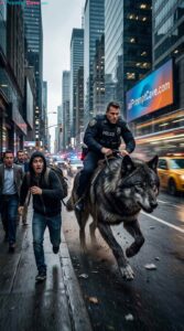 Police Officer Riding Giant Wolf in a City - Free Ai Image Prompt