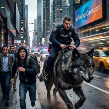 Police Officer Riding Giant Wolf in a City - Free Ai Image Prompt