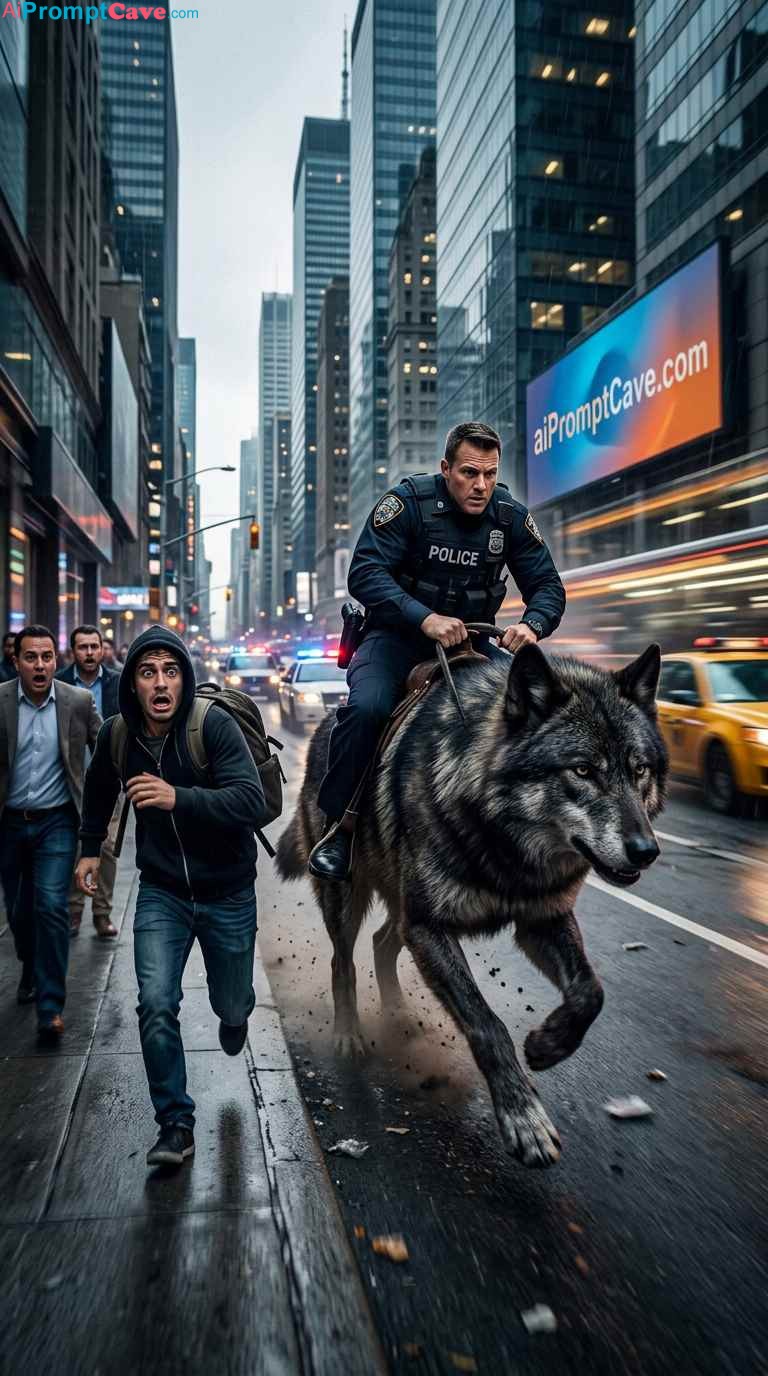 Police Officer Riding Giant Wolf in a City - Free Ai Image Prompt