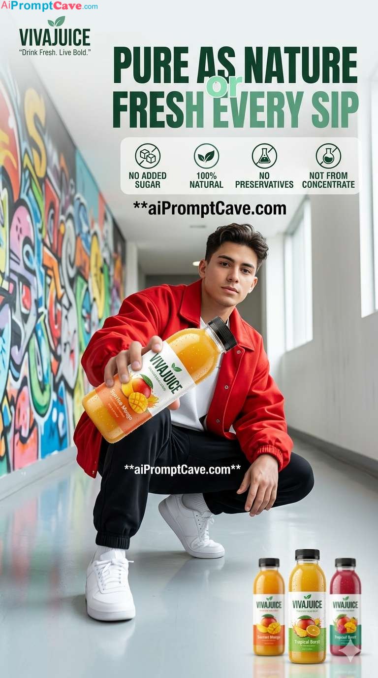 Premium Beverage Ad Poster with Male Model & Juice Bottle - Free Ai Image Prompt